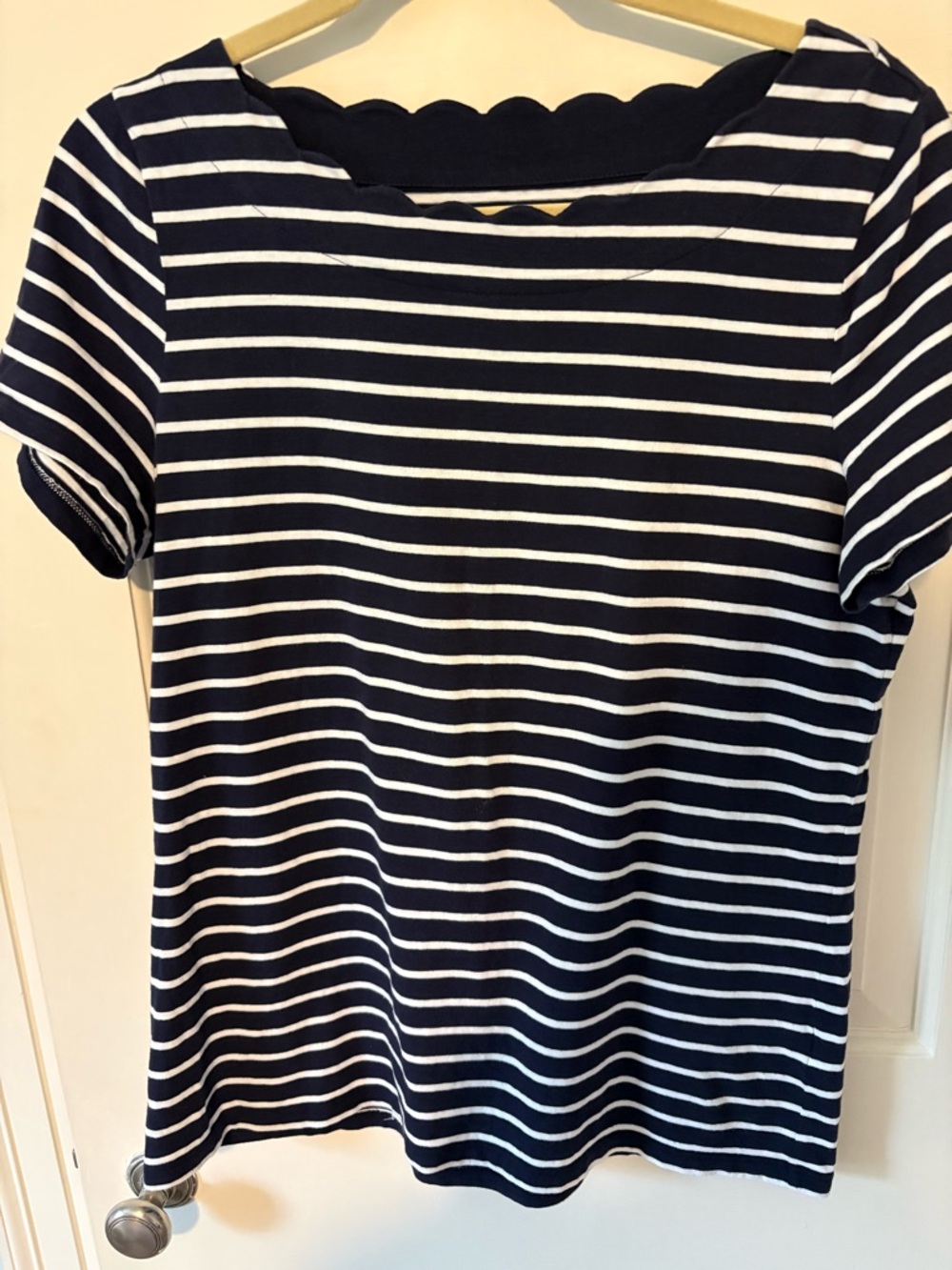 Talbots Navy & White Striped Scallop Neck Short Sleeve Tee